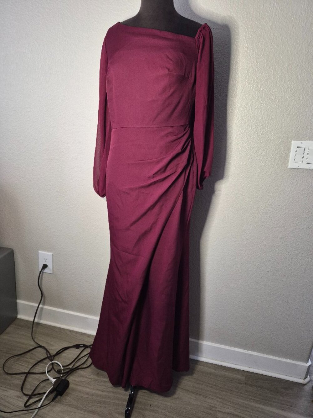 Mondressy Womens Burgundy Crepe Faux Wrap Long Evening Dress Wedding Guest NWT